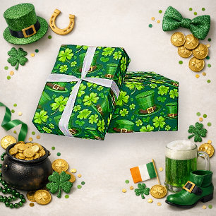 Vibrant Green Shamrock Leprechaun Pattern Art Wrapping Paper