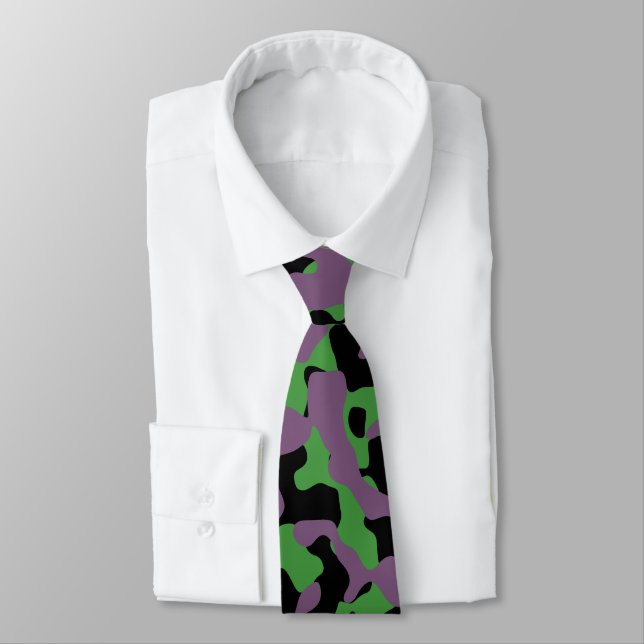 Vibrant Green, Soft Purple, and Black Camouflage Tie (Tied)