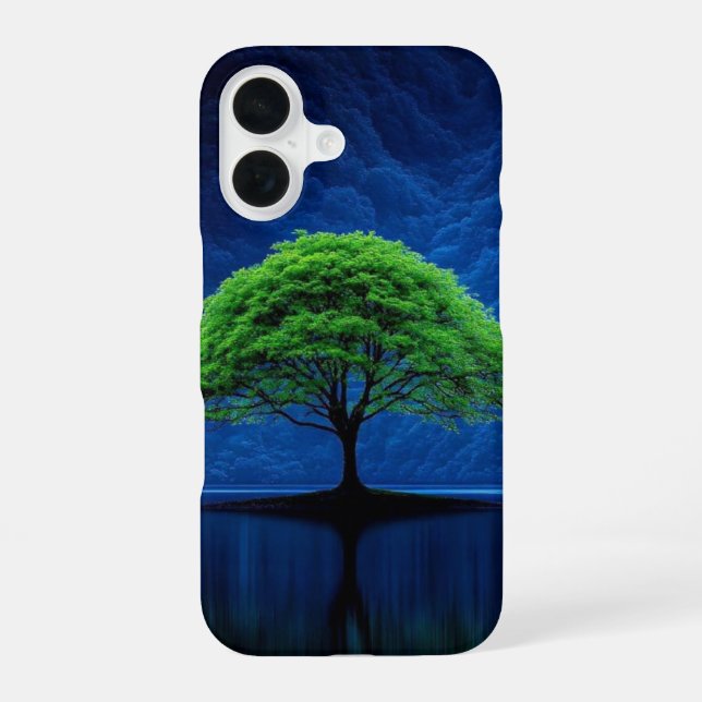 Vibrant Green Tree on Midnight Blue Lake Phone  iPhone 16 Case (Back)