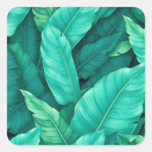 Vibrant Green Tropical Banana Leaves Pattern Square Sticker