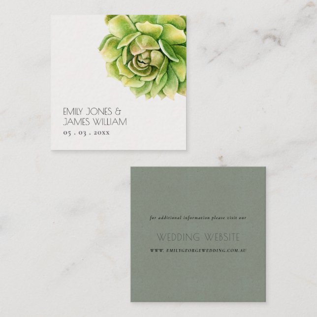 VIBRANT GREEN WATERCOLOR SUCCULENT WEDDING SQUARE BUSINESS CARD (Front/Back)