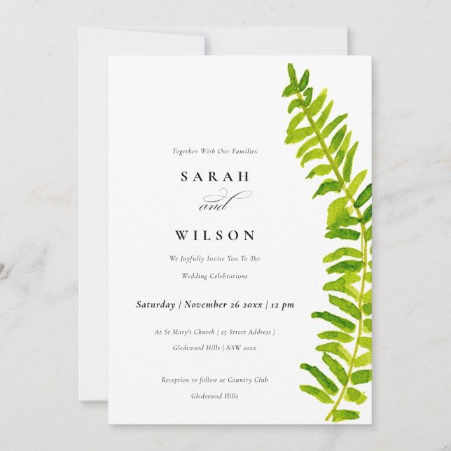 VIBRANT GREEN WATERCOLOUR FERN FOLIAGE WEDDING INVITATION (Front)