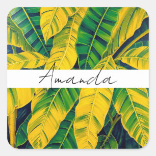 Vibrant Green & Yellow Banana Leaf Pattern Square Sticker