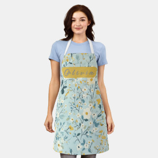 Vibrant green yellow blue white flowers apron