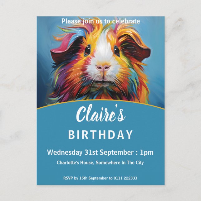Vibrant Guinea Pig Birthday Party Invitation Postcard (Front)