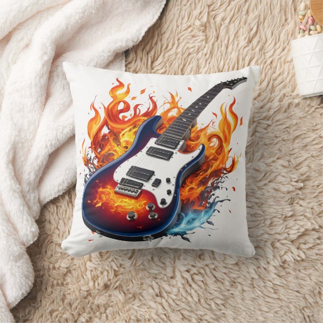 Vibrant guitar surrounded by flames at twilight cushion (Blanket)