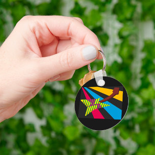 Vibrant Guitar with Geometric Stripes Key Ring
