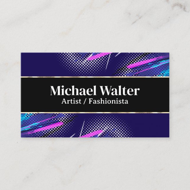 Vibrant Halftone Stylish | Gold Trim Business Card (Front)