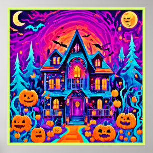 Vibrant Halloween House Art Poster