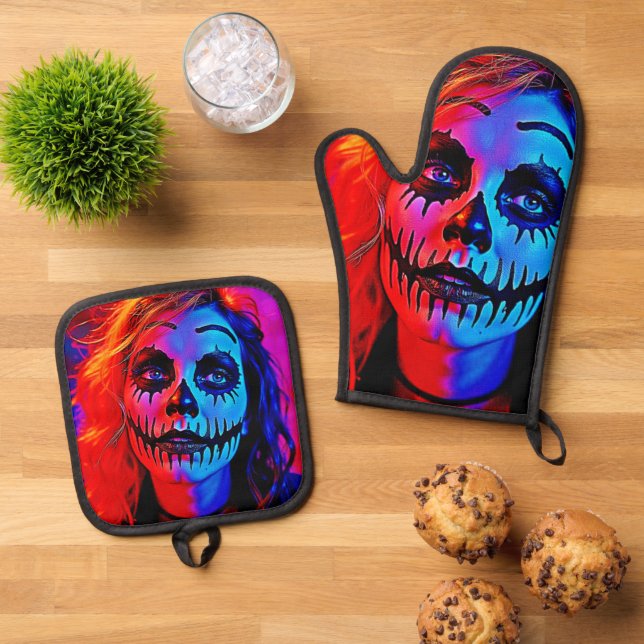 Vibrant Halloween Makeup Art Oven Mitt & Pot Holder Set (Top Down)