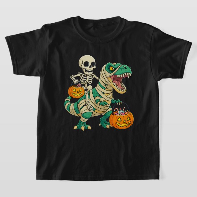 Vibrant Halloween Skeleton and T-Rex Candy Bucket  T-Shirt (Laydown)
