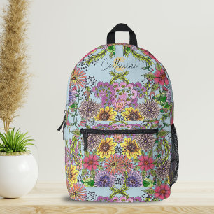 Vibrant Hand-Drawn Floral Art Name and Initial Printed Backpack