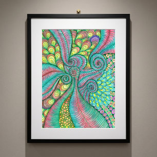 Vibrant Hand-Drawn Teal Pink Swirl Abstract Art Poster