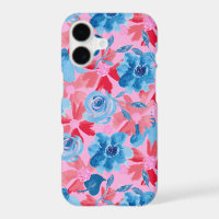 Vibrant Hand Painted Floral in Red Blue and Pink