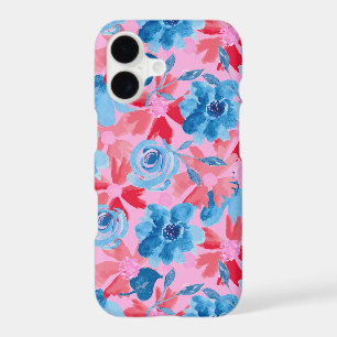 Vibrant Hand Painted Floral in Red Blue and Pink
