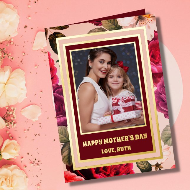 Vibrant | Happy Mother's Day Pink Roses Photo Gold Foil Holiday Card (Creator Uploaded)