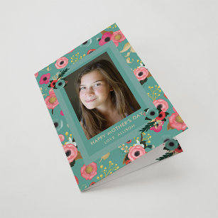 Vibrant   Happy Mother's Day Teal Floral and Photo Card