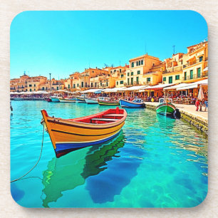 Vibrant Harbour: Mediterranean Bliss Coaster