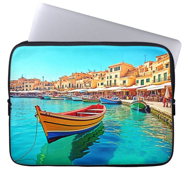 Vibrant Harbour: Mediterranean Bliss Laptop Sleeve (Front)