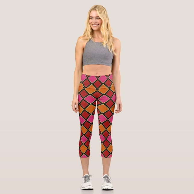 Vibrant Harlequin Diamond Pattern in Red, Orange,  Capri Leggings (Front)