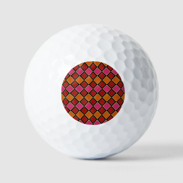 Vibrant Harlequin Diamond Pattern in Red, Orange,  Golf Balls (Front)