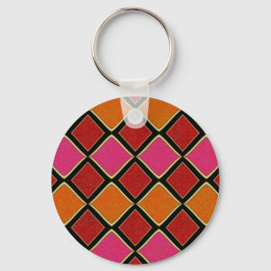 Vibrant Harlequin Diamond Pattern in Red, Orange, Key Ring