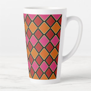 Vibrant Harlequin Diamond Pattern in Red, Orange,  Latte Mug