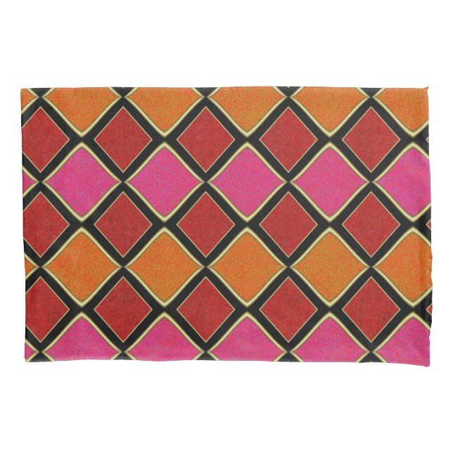 Vibrant Harlequin Diamond Pattern in Red, Orange,  Pillowcase (Front-Left)