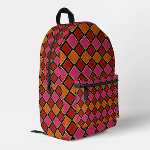 Vibrant Harlequin Diamond Pattern in Red, Orange, Printed Backpack