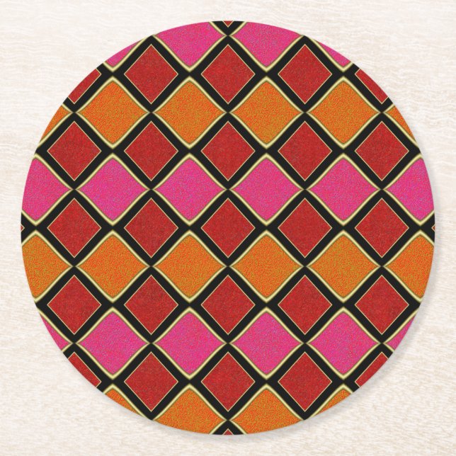 Vibrant Harlequin Diamond Pattern in Red, Orange,  Round Paper Coaster (Front)
