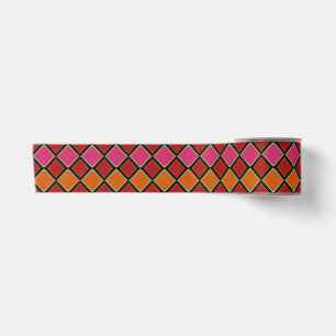 Vibrant Harlequin Diamond Pattern in Red, Orange, Satin Ribbon