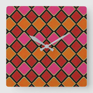 Vibrant Harlequin Diamond Pattern in Red, Orange, Square Wall Clock