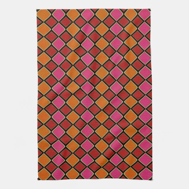 Vibrant Harlequin Diamond Pattern in Red, Orange,  Tea Towel (Vertical)