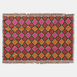 Vibrant Harlequin Diamond Pattern in Red, Orange, Throw Blanket