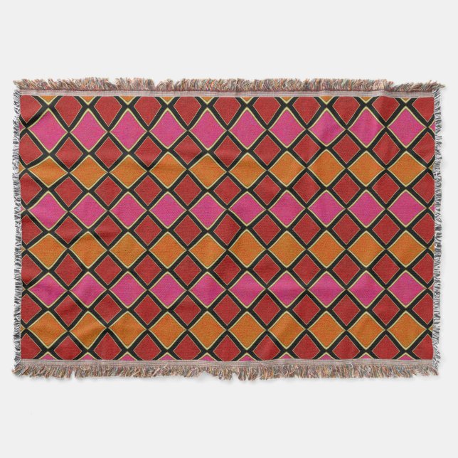 Vibrant Harlequin Diamond Pattern in Red, Orange,  Throw Blanket (Front)