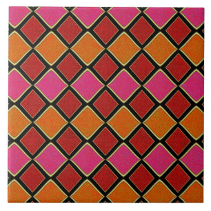 Vibrant Harlequin Diamond Pattern in Red, Orange, Tile