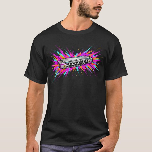 Vibrant Harmonica Musical Instrument Paint T-Shirt (Front)