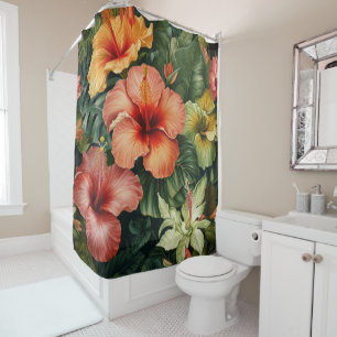 Vibrant Hawaiian Hibiscus Tropical Flower Pattern  Shower Curtain