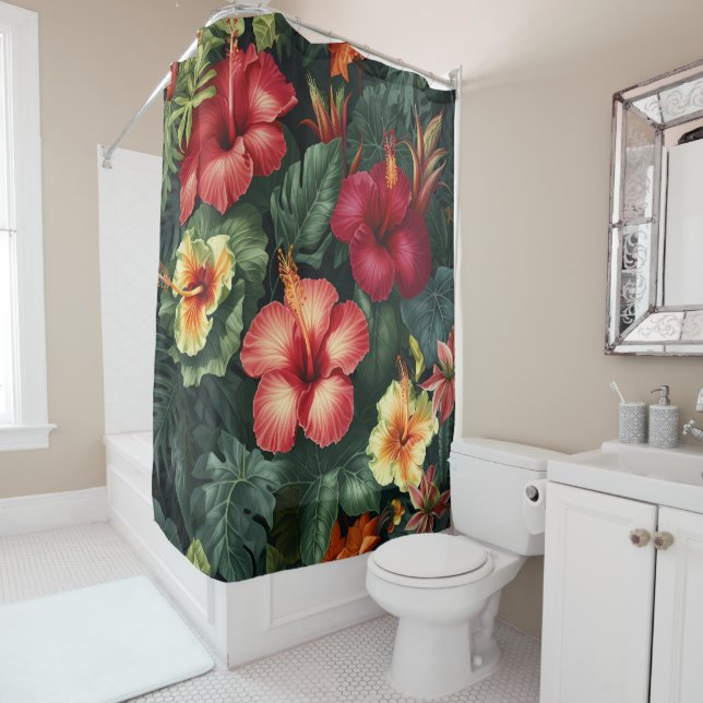 Vibrant Hawaiian Hibiscus Tropical Flowers Shower Curtain (In Situ)