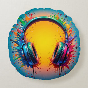 Vibrant Headphones Against Splash of Colourful Pai Round Cushion