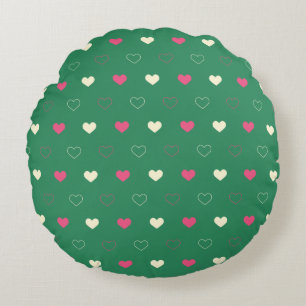 Vibrant Hearts on Green: Pink & Cream Contrast Round Cushion