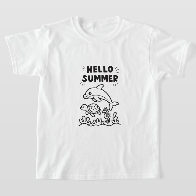  Vibrant Hello Summer | Colorful Ocean Animals T-Shirt (Laydown)