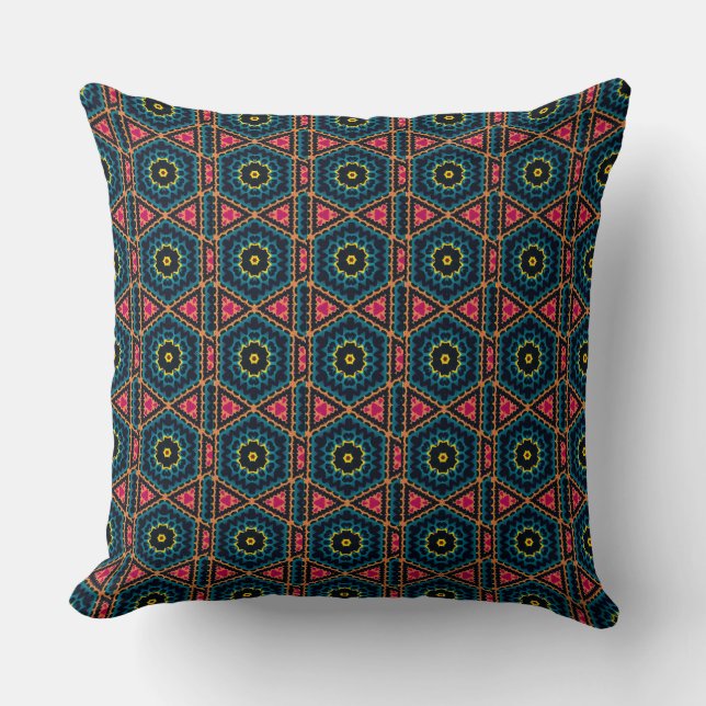 Vibrant Hexagonal Floral Geometric Pattern Cushion (Front)