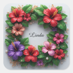 Vibrant Hibiscus Wreath Square Sticker