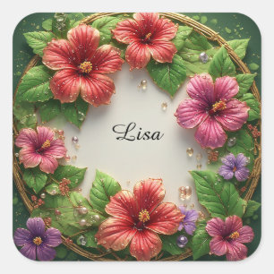Vibrant Hibiscus Wreath Square Sticker