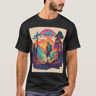 Vibrant Hiker in a Sunset Forest  T-Shirt