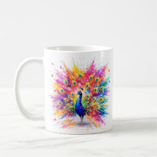 Vibrant Holi Peacock Watercolor Art Coffee Mug