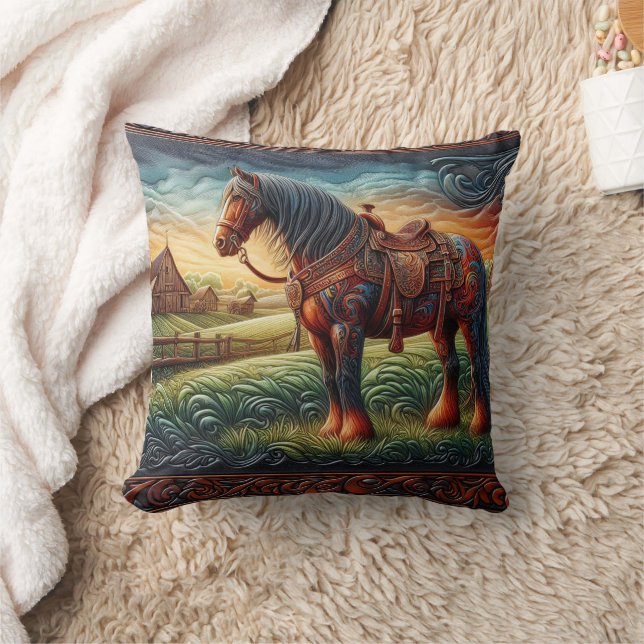 Vibrant Horse in Colourful Farm Scene Cushion (Blanket)