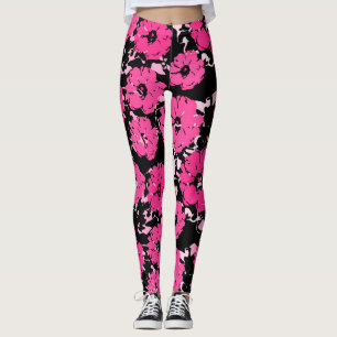 Vibrant Hot Pink Abstract Floral On Black Leggings