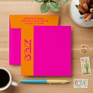 Vibrant Hot Pink and Orange Monogram Personalised Envelope